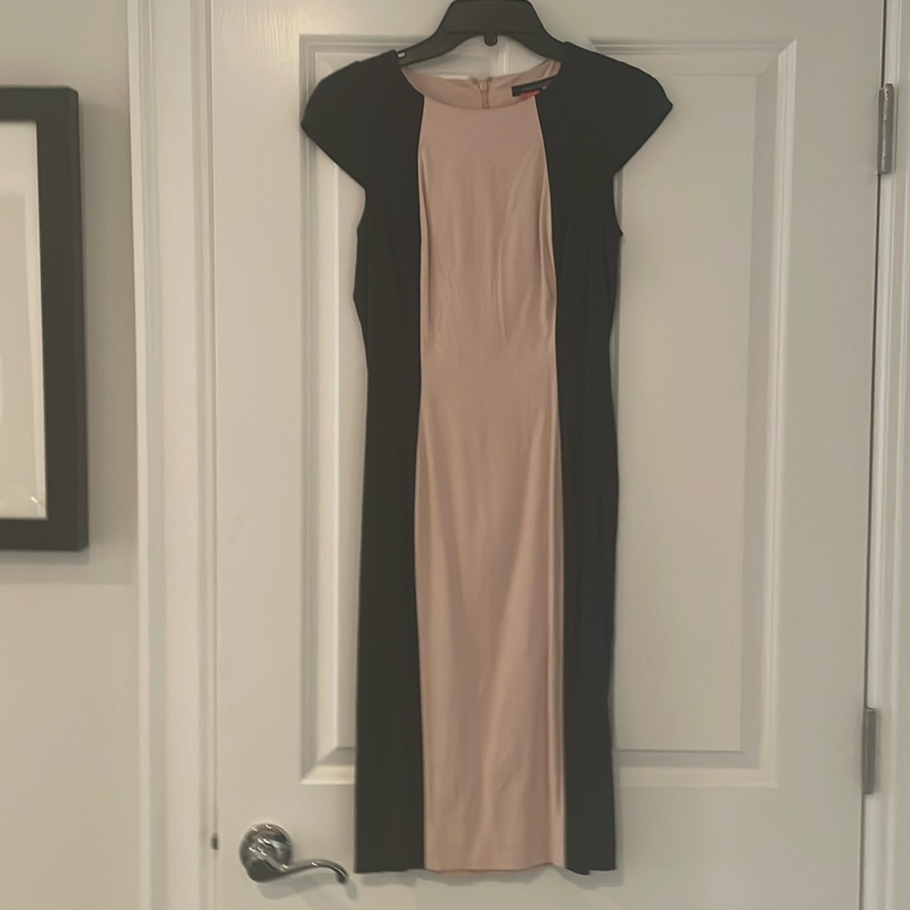 French Connection pink and Black color block LBD size 8 cap sleeves sheath dress - Picture 1 of 8